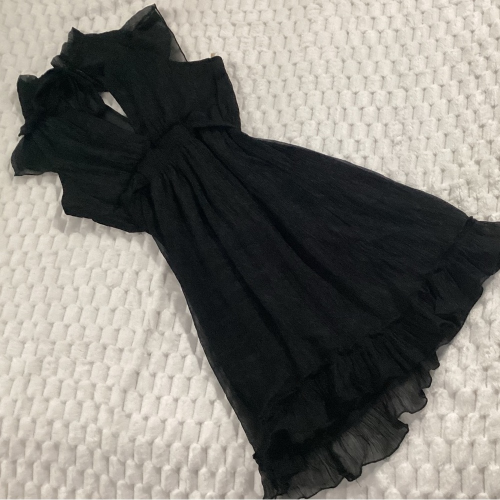 Poetry clothing Black midi dress with ruffles and tie detail. Size: S #33